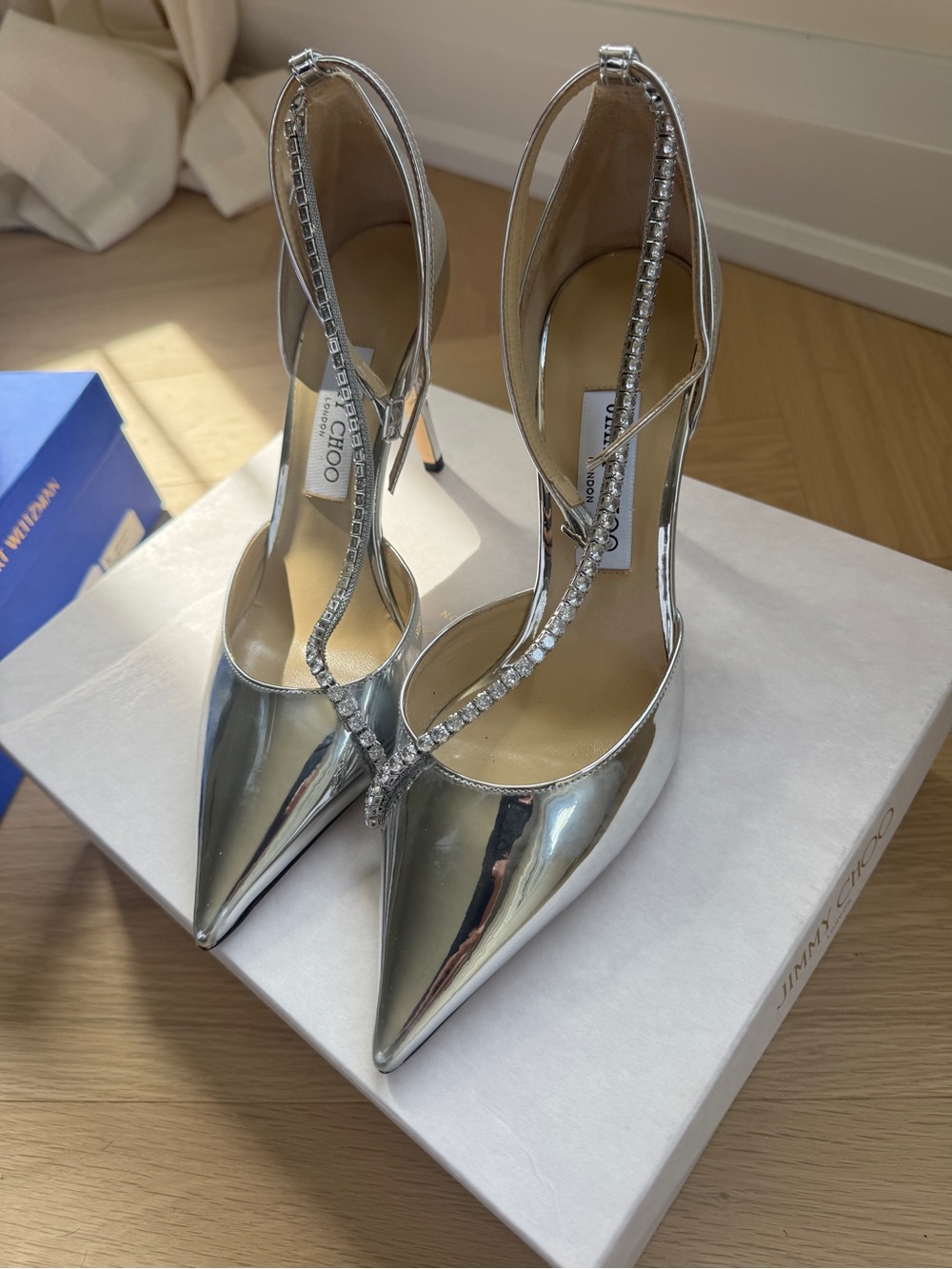 Jimmy Choo Silver Metallic Pointed-Toe T-Strap Heels with Crystal Accents - Picture 3 of 5